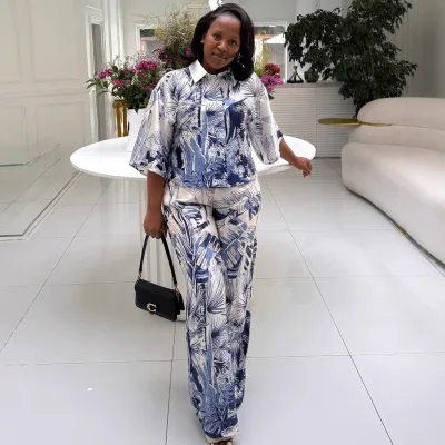 Women Fashion Casual Spring Printed Lapel Short-Sleeve Blouse Loose Pants African Two-Piece Set