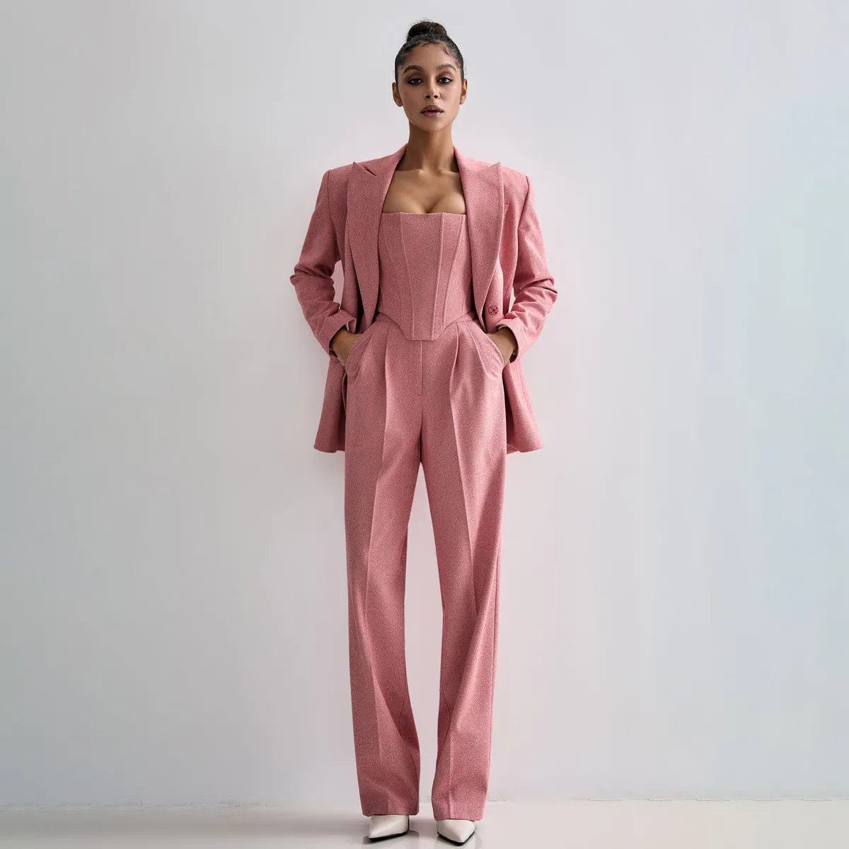 Women Fashion Casual Spring Workwear Tank Top Lapel Long-Sleeve Blazer Slim Fit Pants Three-Piece Set