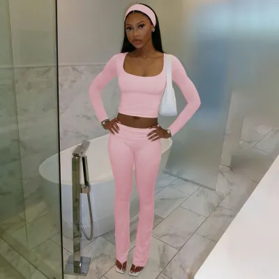Women Fashion Casual Solid Color Square Neck Long-Sleeve Crop Top Tight Pants Two-Piece Set