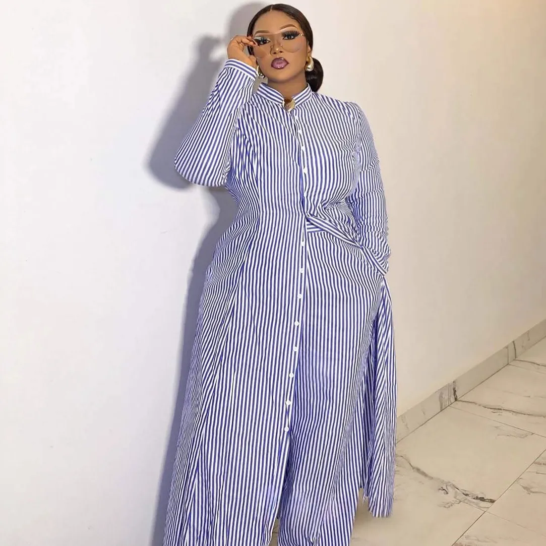 Women Fashion Casual Spring Stripe Long-Sleeve Single-Breasted Long Blouse Loose Pants African Two-Piece Set