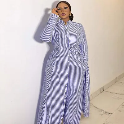 Women Fashion Casual Spring Stripe Long-Sleeve Single-Breasted Long Blouse Loose Pants African Two-Piece Set