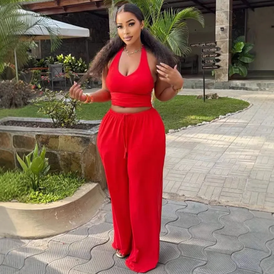 Women Fashion Casual Spring Solid Color Halter-Neck Crop Top Wide Leg Pants African Two-Piece Set