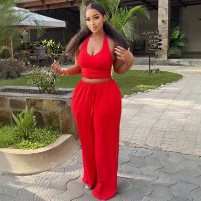 Women Fashion Casual Spring Solid Color Halter-Neck Crop Top Wide Leg Pants African Two-Piece Set