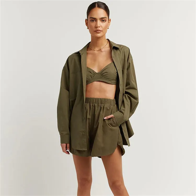 Women Fashion Casual Summer Solid Color Bra Lapel Long-Sleeve Single-Breasted Blouse Loose Shorts Three-Piece Set