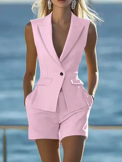 Women Fashion Casual Solid Color Sleeveless Vest Slim Fit Shorts Two-Piece Set