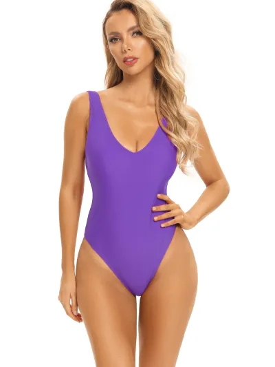 Women Fashion Sexy Basic Solid Color Backless One-Piece Swimsuit