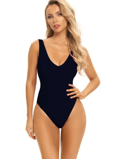 Women Fashion Sexy Basic Solid Color Backless One-Piece Swimsuit
