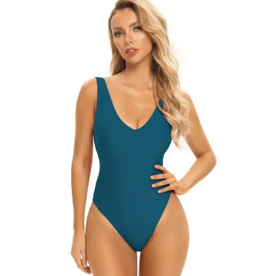 Women Fashion Sexy Basic Solid Color Backless One-Piece Swimsuit