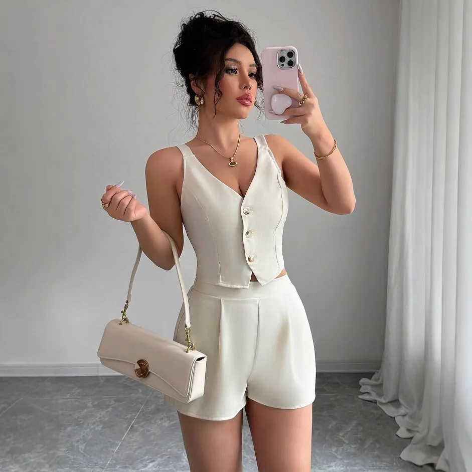 Women Fashion Casual Summer Solid Color Sleeveless Slim Vest High Waist Shorts Two-Piece Set