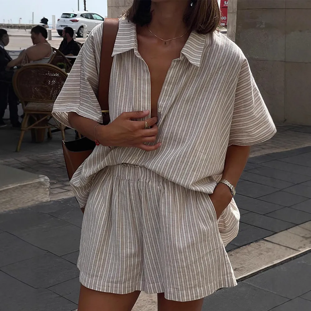 Women Fashion Casual Summer Imitation Linen Stripe Lapel Short-Sleeve Blouse Loose High Waist Shorts Two-Piece Set