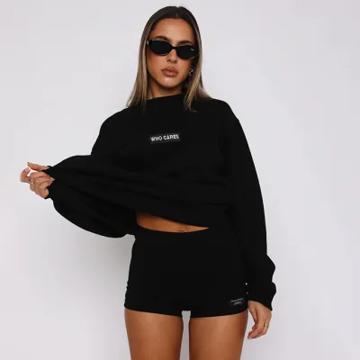 Women Fashion Casual Spring Solid Color Round Neck Long Sleeve Sweatshirt High Waist Tight Shorts Two-Piece Set