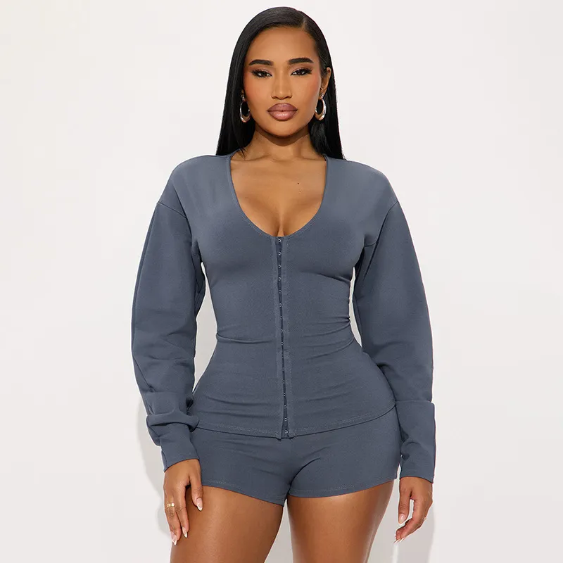 Women Fashion Sexy Spring Solid Color Tight Button V-Neck Long Sleeve Cardigan Tight Shorts Two-Piece Set