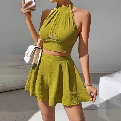 Women Fashion Sexy Summer Solid Color Halter-Neck Backless Tank Top Loose Shorts Two-Piece Set