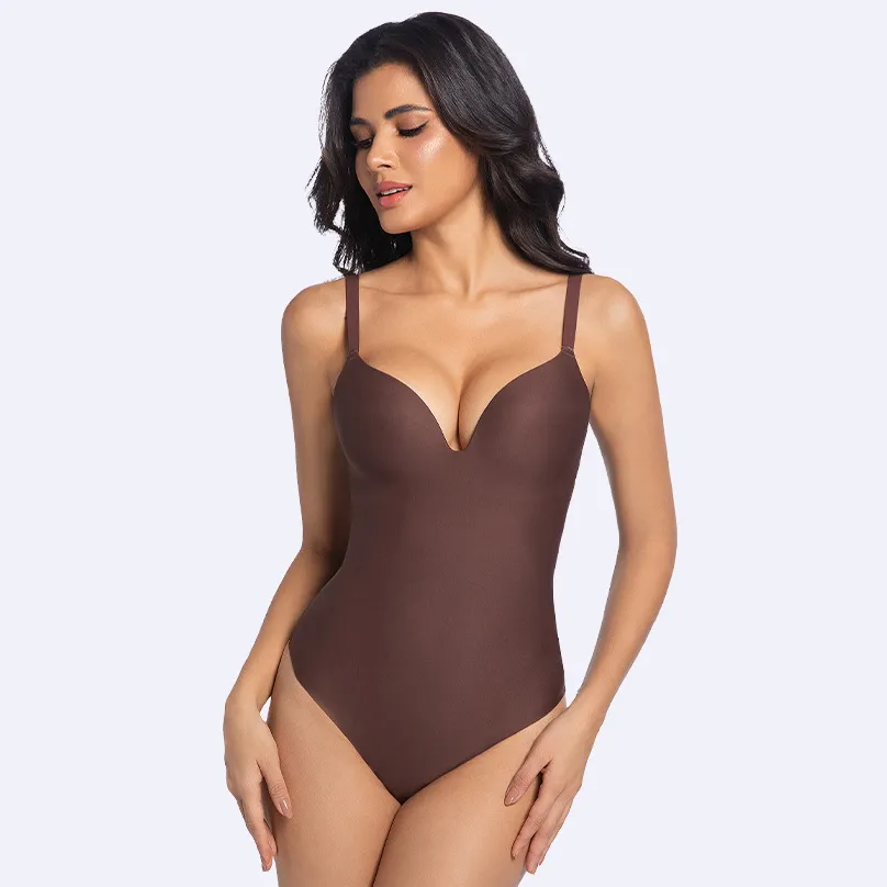 Women Fashion Sexy Simple Solid Color Deep V Tight Backless Bodysuit Shapewear