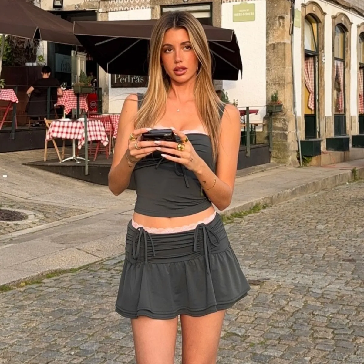 Women Fashion Sexy Summer Street Lace Stitching Slim-Fit Tank Top Pleated Mini Skirt Two-Piece Set