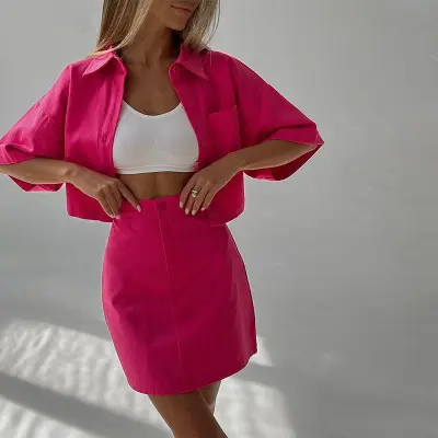 Women Fashion Casual Summer Workwear Solid Color Lapel Short-Sleeve Blouse Mini Slim Fit Skirt Two-Piece Set