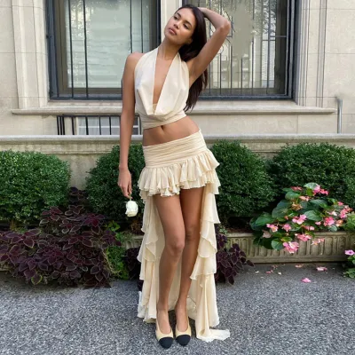 Women Fashion Sexy Summer Mesh Halter-Neck Crop Top Ruffled Edge Maxi Skirt Two-Piece Set