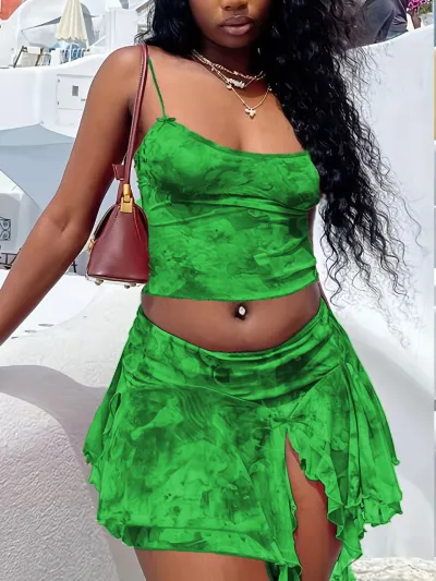 Women Fashion Sexy Summer Leopard Printed Camisole Split Mini Skirt Two-Piece Set