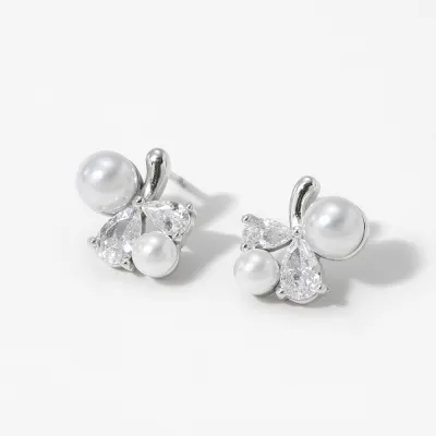 Women Elegant Zircon Pearl 316L Stainless Steel Flower Earrings