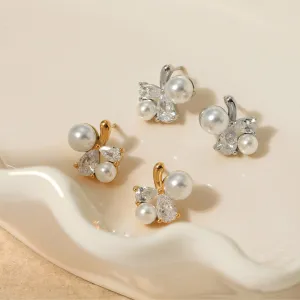 Women Elegant Zircon Pearl 316L Stainless Steel Flower Earrings
