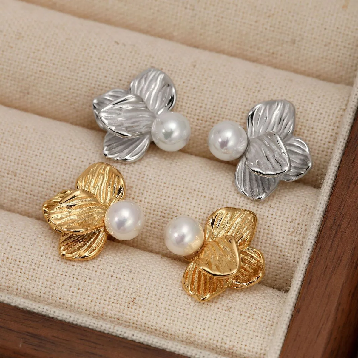 Women Elegant 316L Stainless Steel Pearl Half Floral Drop Earrings