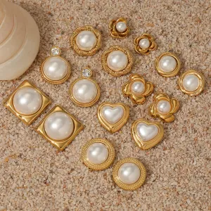 Women Fashion Elegant Metal Pearl Love Floral 316L Stainless Steel Earrings
