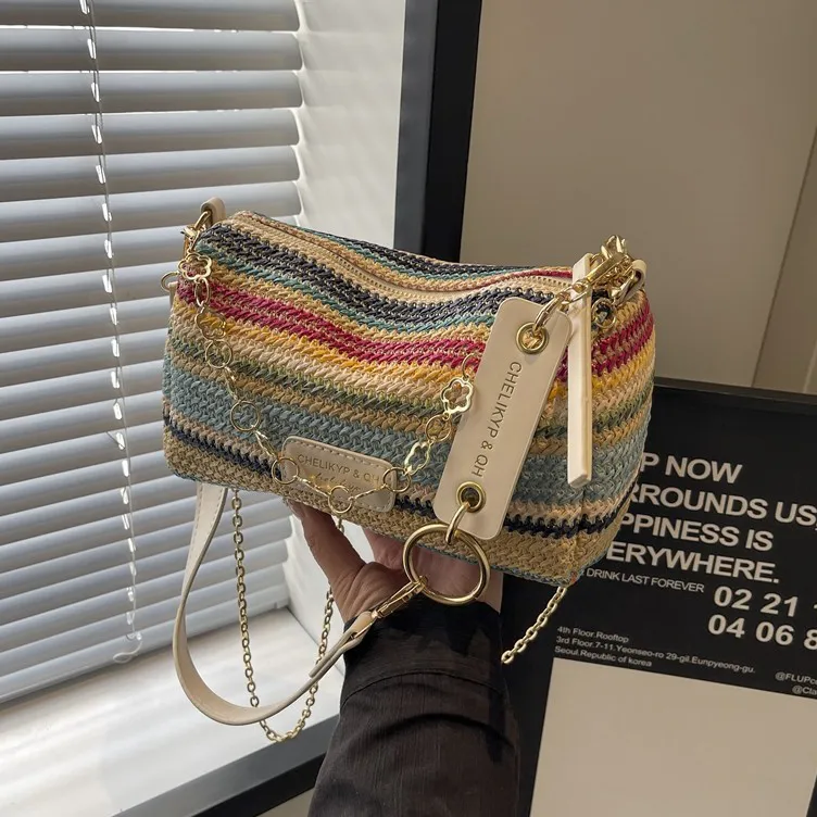 Women Fashion Casual Rafi Grass Stripe Woven Shoulder Bag