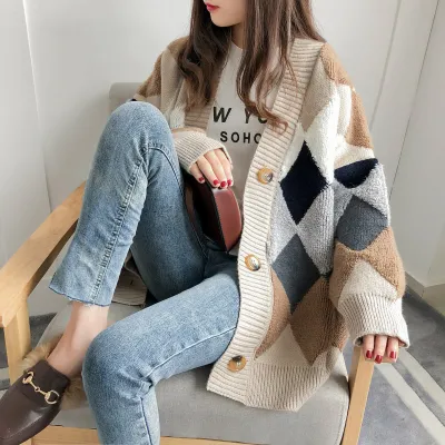 Women Fashion Casual Autumn And Winter Rhomboid Long-Sleeve Loose Knitted Coat