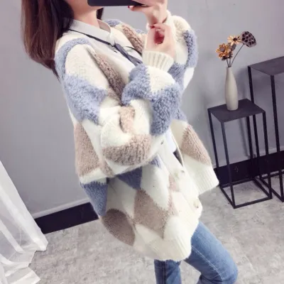 Women Fashion Casual Autumn And Winter Rhomboid Long-Sleeve Loose Knitted Coat