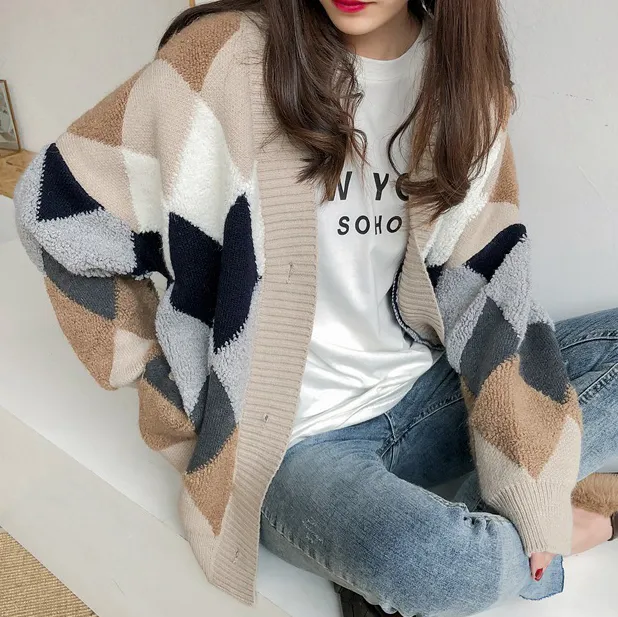 Women Fashion Casual Autumn And Winter Rhomboid Long-Sleeve Loose Knitted Coat
