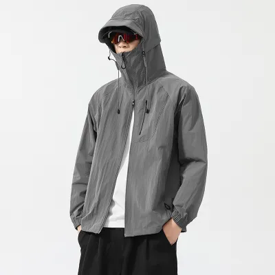 Men Fashion Casual Summer Solid Color UPF 100+ Long-Sleeve Breathable Hoodies Sun Protection Clothing