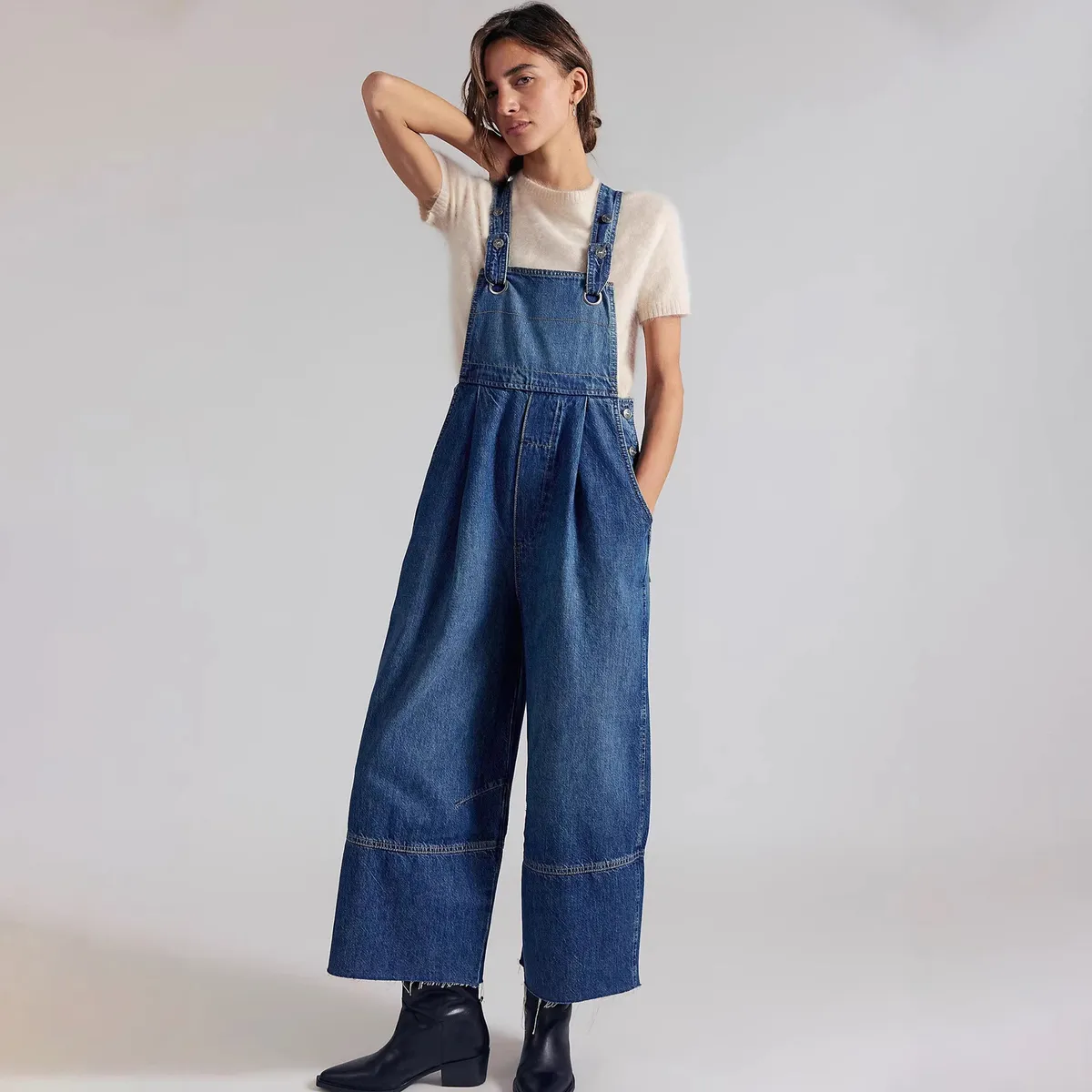 Women Fashion Casual Solid Color Loose Wide Leg Denim Overalls