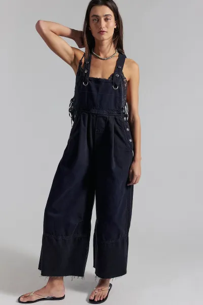 Women Fashion Casual Solid Color Loose Wide Leg Denim Overalls