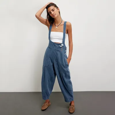 Women Fashion Casual Spring Solid Color Pocket Loose Denim Overalls