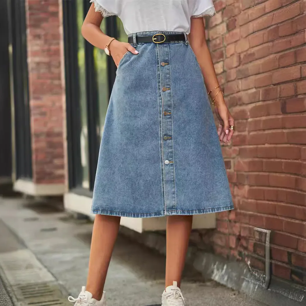 Women Fashion Casual Summer Simple Washed Single-Breasted Denim Skirt