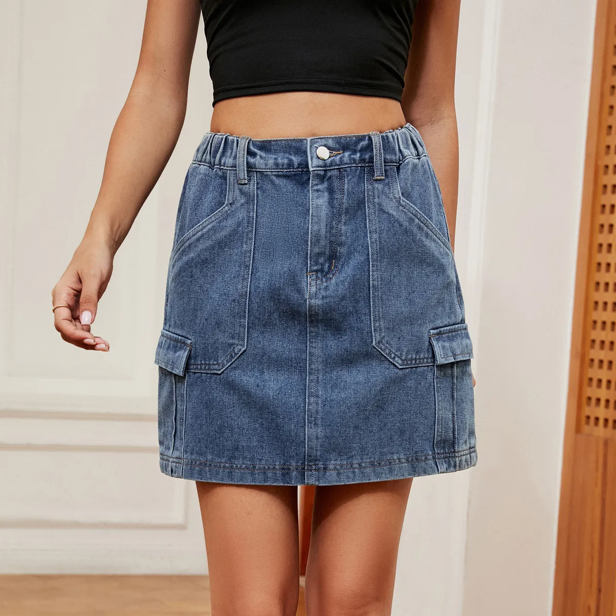 Women Fashion Casual Summer Solid Color Washed Pocket Denim Skirt