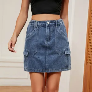 Women Fashion Casual Summer Solid Color Washed Pocket Denim Skirt