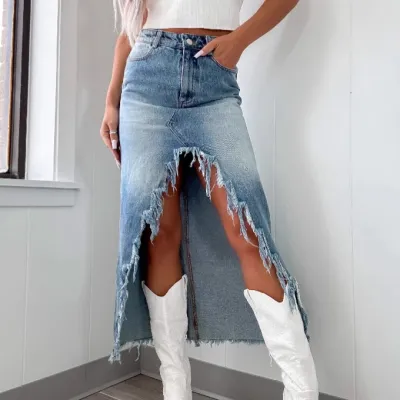 Women Fashion Sexy Spring Irregular High Waist Front Split Denim Skirt