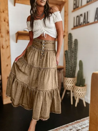 Women Fashion Casual Boho Summer Layered Cake Denim Skirt