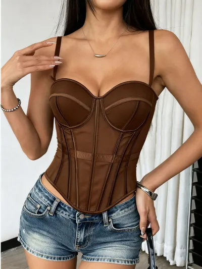 Women Fashion Sexy Solid Color Tight Waist Mesh Fishbone Corset Camisole