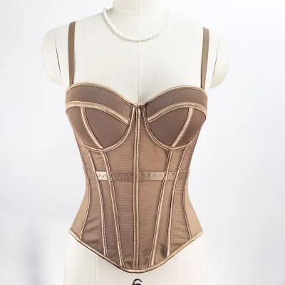 Women Fashion Sexy Solid Color Tight Waist Mesh Fishbone Corset Camisole