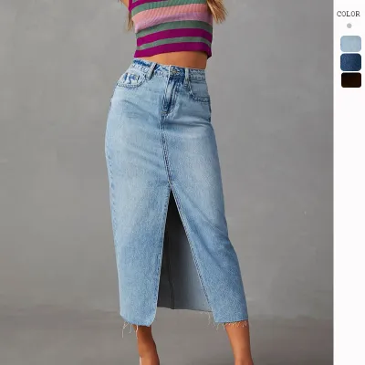 Women Fashion Sexy Summer Solid Color Split Denim Skirt