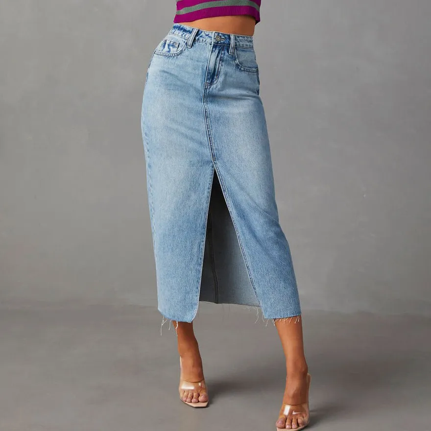 Women Fashion Sexy Summer Solid Color Split Denim Skirt