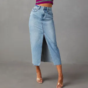 Women Fashion Sexy Summer Solid Color Split Denim Skirt