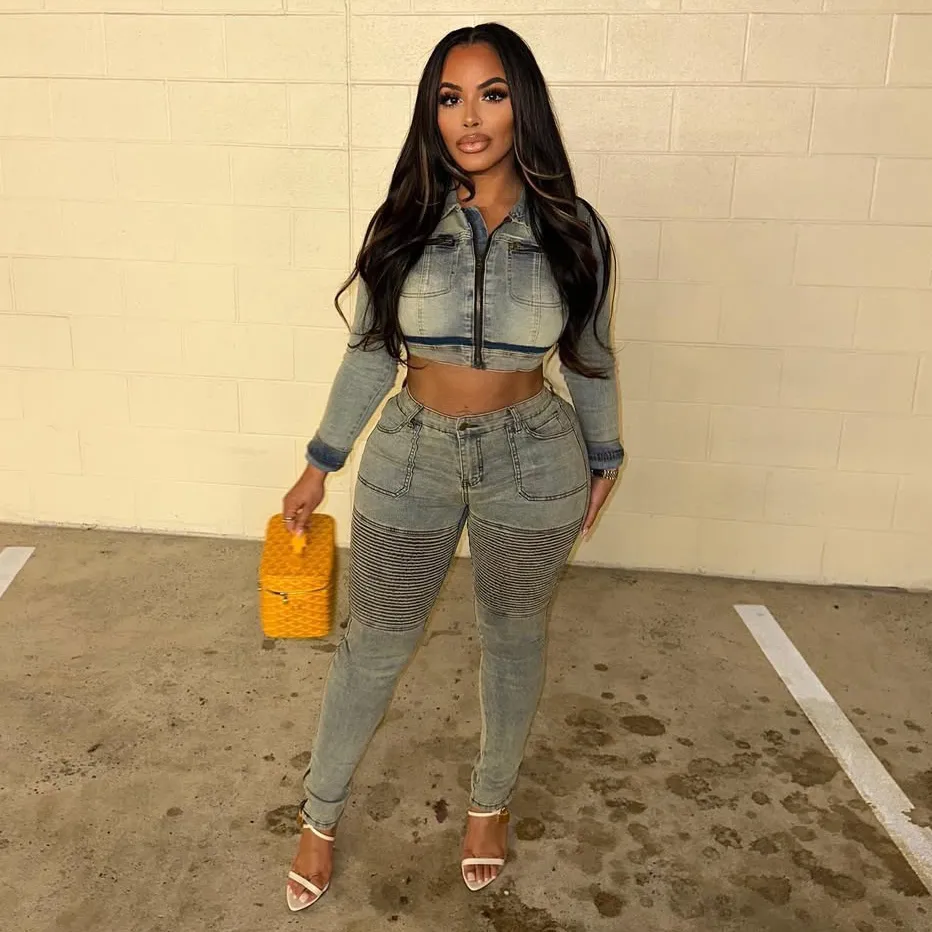 Women Fashion Sexy Spring Denim Long-Sleeve Jacket High Waist Stretch Skinny Jeans Two-Piece Set