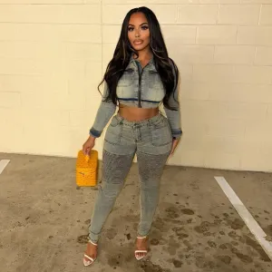 Women Fashion Sexy Spring Denim Long-Sleeve Jacket High Waist Stretch Skinny Jeans Two-Piece Set