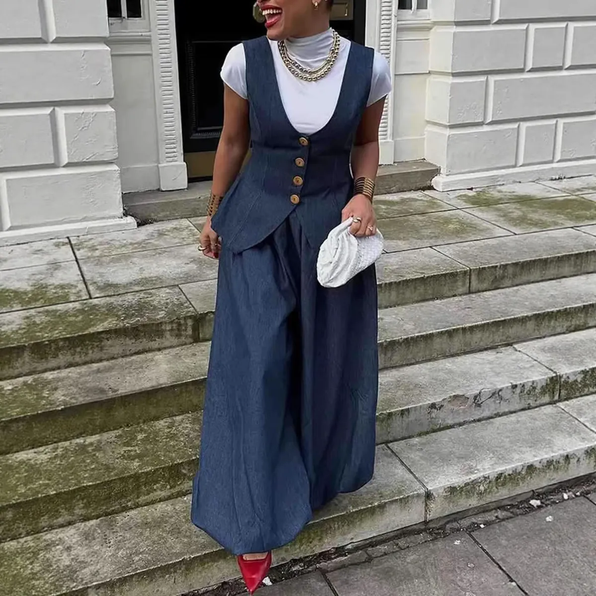 Women Fashion Casual Spring Plus Size U-Neck Denim Vest Wide Leg Jeans Two-Piece Set
