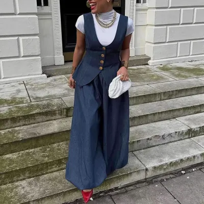Women Fashion Casual Spring Plus Size U-Neck Denim Vest Wide Leg Jeans Two-Piece Set