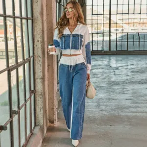 Women Fashion Casual Stitching Beads Denim Long-Sleeve Hoodies Loose Straight Jeans Two-Piece Set