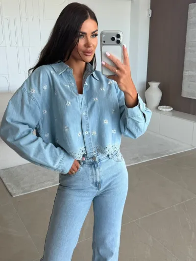 Women Fashion Casual Spring Embroidered Lapel Long Sleeve Loose Denim Shirt